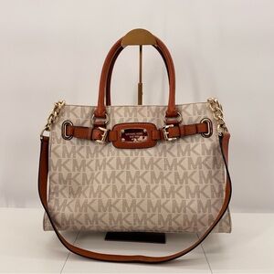 Michael Kors Hamilton MK Vanilla Brown Leather Logo Satchel